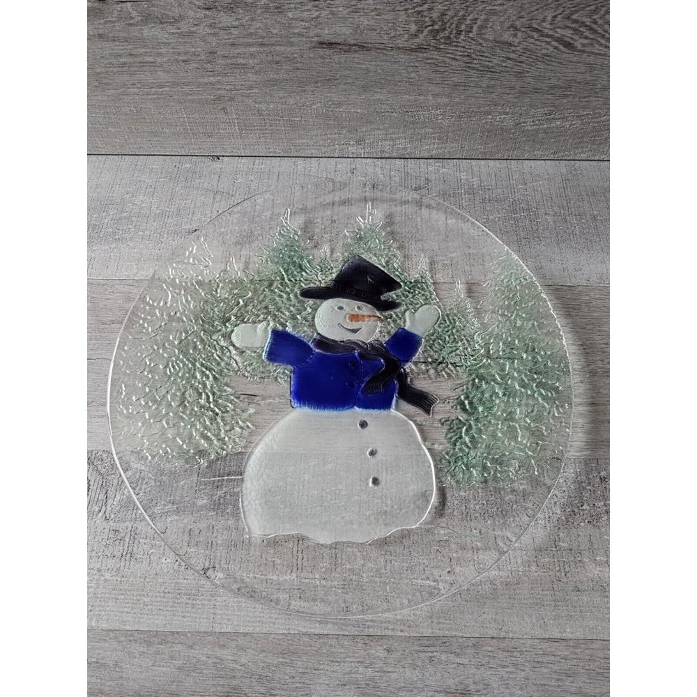 Vintage L. E Smith Art Glass Snowman Platter 13" Handcrafted Christmas Winter